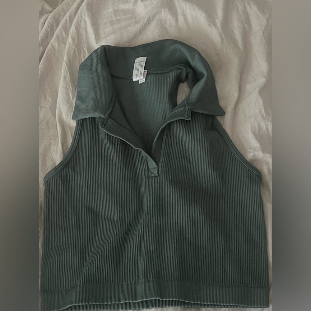 90 Degree By Reflex Ribbed Polo Tank Top - Dark Green
